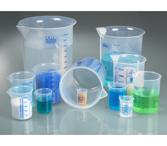 Laborbecher, Griffinbecher PP, blaue Skala